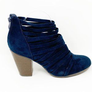 TG Navy Faux Suede Strappy Heeled Booties Size 8.5 BUT FIT LIKE 9